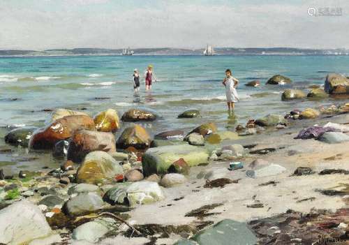 Peder Mønsted: Young women bathing at the beach at