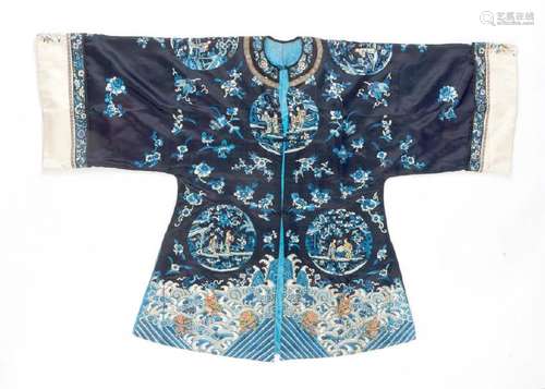 CHINESE SILK EMBROIDERED BLUE GROUND LADY'S ROBE