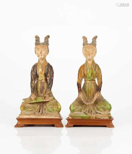 PAIR OF TANG DYNASTY STYLE SANCAI MUSICIAN FIGURES