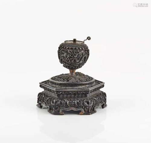 CHINESE SILVER CENSER ON STAND AND HANDLED TOOL