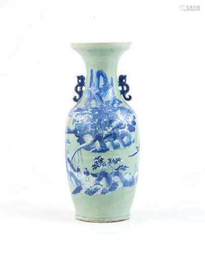 LARGE CELADON GROUND BLUE & WHITE PORCELAIN VASE