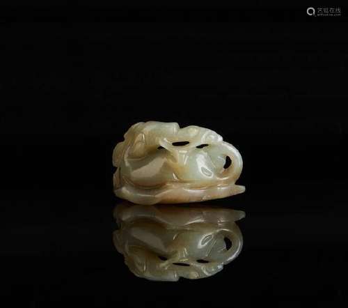 CHINESE CELADON JADE CARVED BEAST WITH LINGZHI