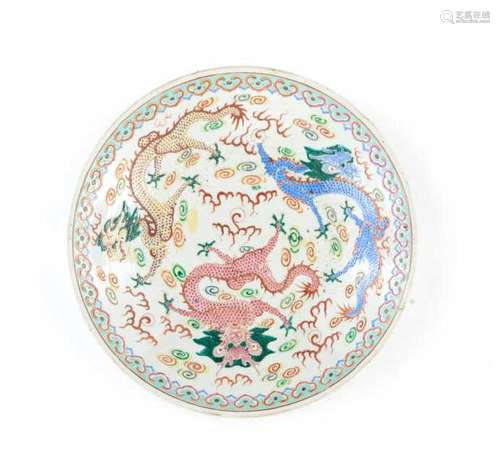 CHINESE FAMILLE ROSE PORCELAIN DRAGON PLATE