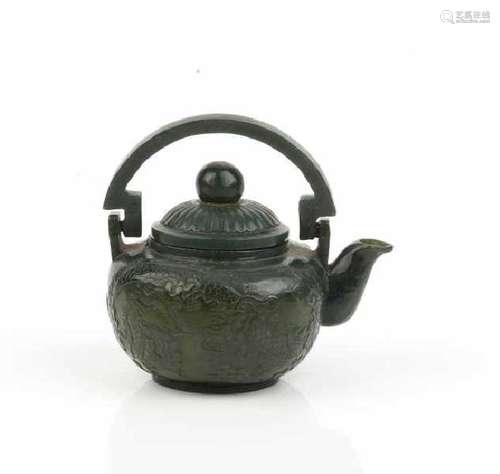 CHINESE SPINACH JADE CARVED TEAPOT