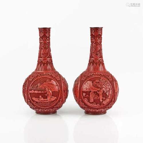 PAIR OF CINNABAR LACQUER CARVED BOTTLE VASES