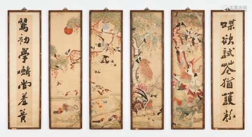 SET OF SIX FRAMED SILK EMBROIDERED TEXTILE PANELS