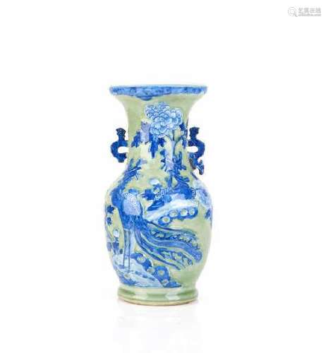 CHINESE CELADON GROUND BLUE & WHITE PORCELAIN VASE