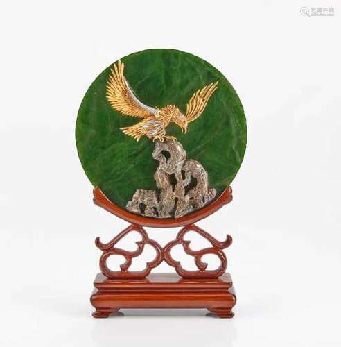 CHINESE JADEITE PLAQUE WIH GOLD AND DIAMOND EAGLE