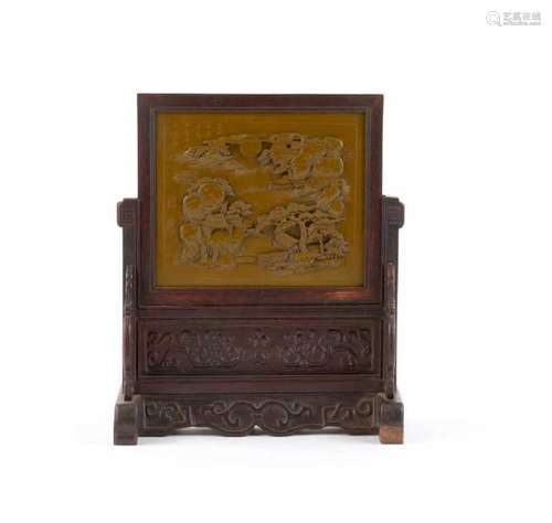 CHINESE YIXING POTTERY PLAQUE FRAMED AS SCREEN