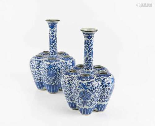 PAIR OF BLUE & WHITE PORCELAIN CONJOINED VASES