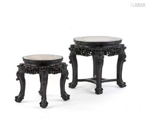 TWO CHINESE ROSEWOOD MARBLE TOP SIDE TABLES