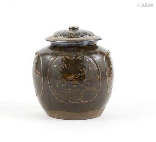 LARGE BRONZE GLAZED CERAMIC JAR WITH COVER