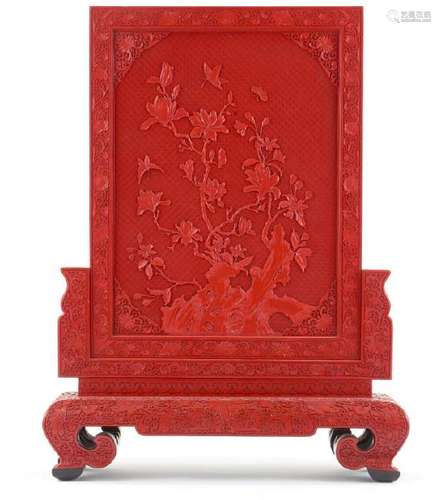 CINNABAR LACQUER CARVED BUTTERFLIES PANEL SCREEN