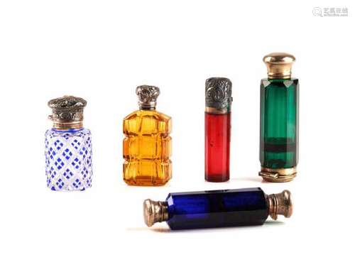 FIVE ANTIQUE GLASS SCENT BOTTLES