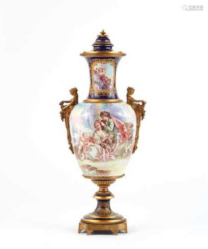 FRENCH 19th C HAND PAINTED PORCELAIN COVERED URN