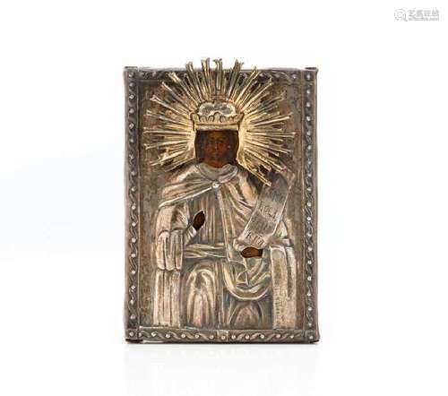 19TH C RUSSIAN ICON WITH SILVER OKLAD COVER