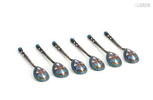 SIX RUSSIAN SILVER & ENAMEL DEMI-TASSE SPOONS