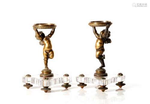 PAIR OF BRONZE & GLASS FIGURAL TAZZA BASES