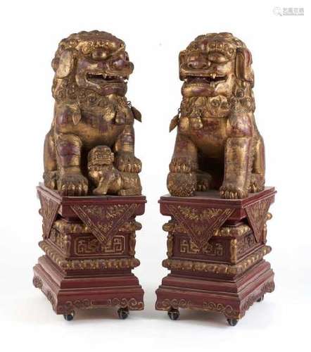 PAIR OF CHINESE CARVED & GILDED FU DOGS