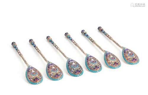 SIX RUSSIAN SILVER & ENAMEL TEA SPOONS