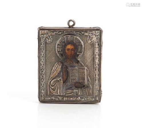 19TH C RUSSIAN ICON WITH SILVER OKLAD COVER