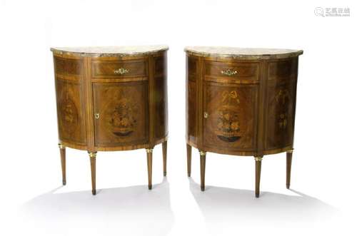 PAIR OF FRENCH MARQUETRY DEMI-LUNE SIDE TABLES