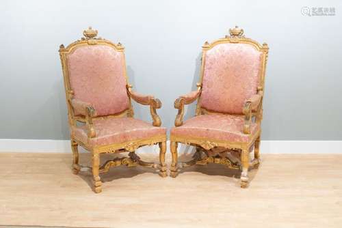 PAIR OF FRENCH CARVED GILTWOOD ARMCHAIRS