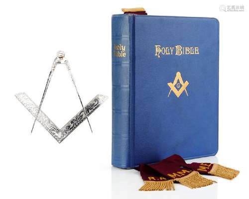 MASONIC HOLY BIBLE W/ SILVERPLATE ACCESSORIES