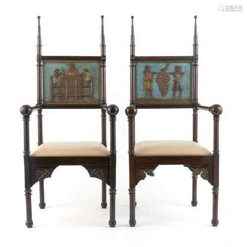 PAIR OF CARVED & POLYCHROME PAINTED ARMCHAIRS