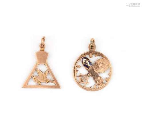 TWO ENGLISH MASONIC GOLD FOB PENDANTS