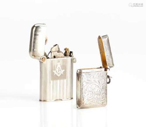 MASONIC LIGHTER AND ENGLISH SILVER VESTA CASE