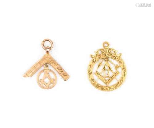 TWO ENGLISH MASONIC GOLD FOB PENDANTS