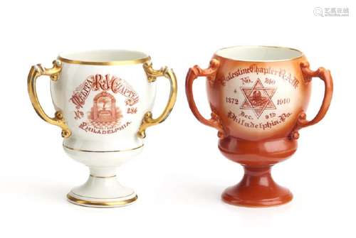 TWO AMERICAN MASONIC PORCELAIN TYGS