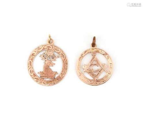 TWO ENGLISH MASONIC GOLD FOB PENDANTS