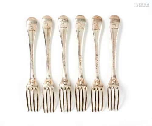 SIX GEORGE II ENGLISH SILVER TABLE FORKS