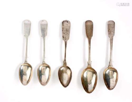 FIVE CANADIAN 19TH C SILVER TEASPOONS