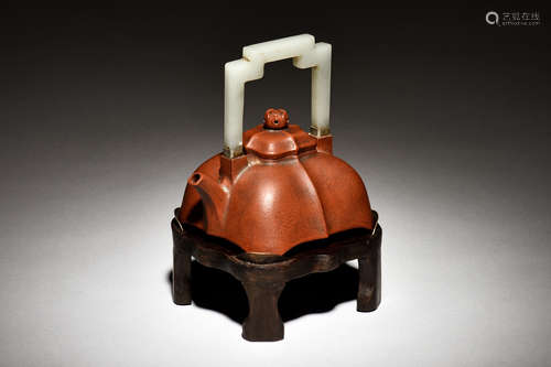 YANG PENGNIAN: YIXING ZISHA TEAPOT WITH JADE HANDLE AND WOODEN STAND