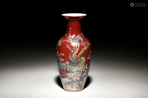 RED GROUND 'FLOWERS AND BIRDS' VASE