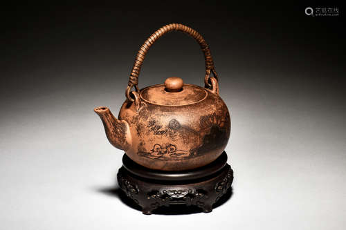 CHEN MINGYUAN: YIXING ZISHA 'MANDARIN DUCKS AND CALLIGRAPHY' TEAPOT WITH STAND