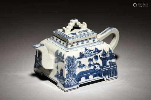 BLUE AND WHITE 'LANDSCAPE SCENERY' TEAPOT