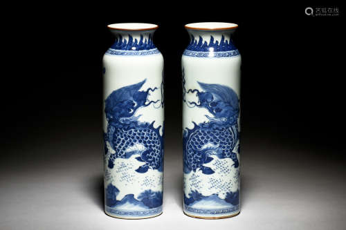 PAIR OF BLUE AND WHITE 'MYTHICAL BEASTS' VASES