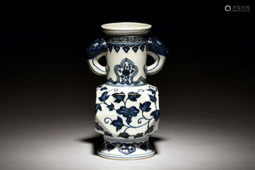 BLUE AND WHITE SQUARE VASE WITH HANDLES