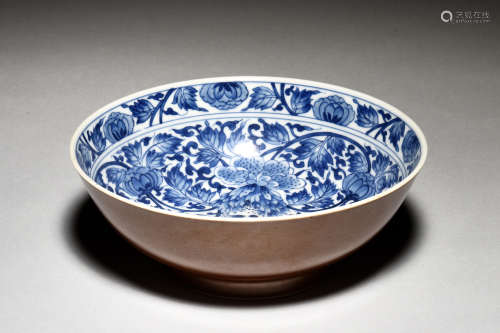 BLUE AND WHITE WITH BROWN GROUND 'FLOWERS' BOWL