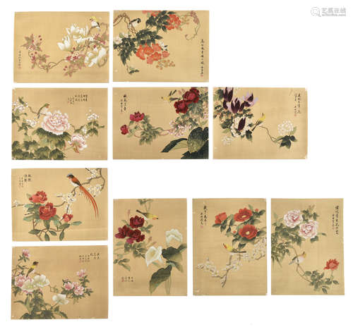 SHI ZHOU: TEN INK AND COLOR ON SILK PAINTINGS 'FLOWERS AND BIRDS'