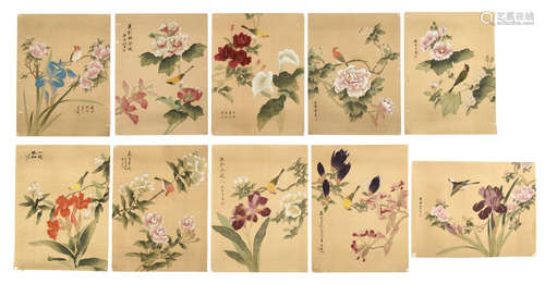 SHI ZHOU: TEN INK AND COLOR ON SILK PAINTINGS 'FLOWERS AND BIRDS'