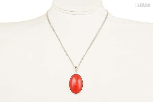 RED CORAL PENDANT WITH 18K WG NECKLACE