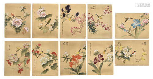 SHI ZHOU: TEN INK AND COLOR ON SILK PAINTINGS 'FLOWERS AND BIRDS'