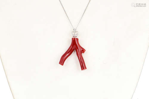 MEDITERRANEAN RED CORAL BRANCH PENDANT WITH 18K WG NECKLACE