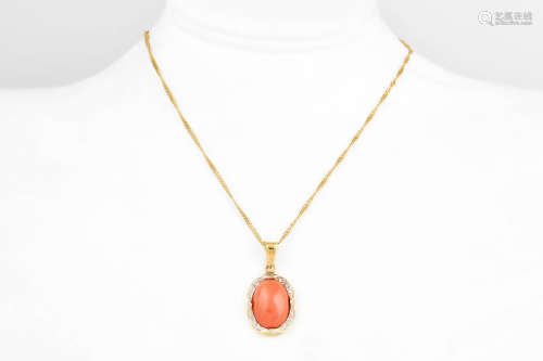 SALMON RED CORAL PENDANT WITH 14K YG NECKLACE