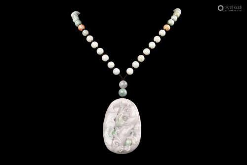 JADEITE CARVED 'FISH AND FLOWERS' PENDANT NECKLACE WITH CERTIFICATE